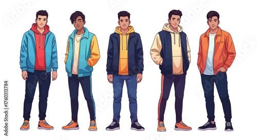 Diverse Group of Young Men in Stylish Outfits for Fashion and Lifestyle Concepts