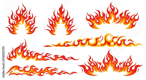 Dynamic Set of Fiery Flame Graphic Elements for High-Energy Designs A Collection of Stylized Blazes and Hot Rod Style Decals, Perfect for Adding Intensity to Any Project