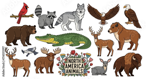 Diverse Collection of North American Wildlife Illustrations Featuring Iconic Animals like Bears, Wolves, Eagles, and Deer in a Charming Cartoon Style for Educational and Creative Projects