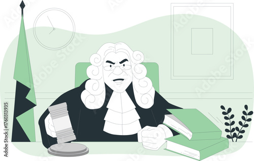Cartoon judge in wig and robes holding a gavel with books on a desk court justice