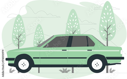 Green sedan car parked in a stylized landscape with trees and hills automobile vehicle