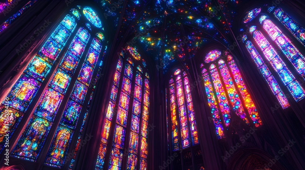 Obraz premium Vibrant stained glass windows illuminate a gothic cathedral interior with colorful light patterns creating a mesmerizing architectural experience