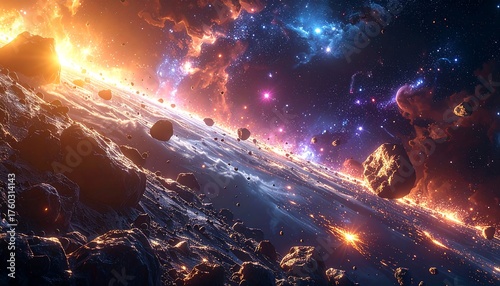 A vibrant, detailed cosmic scene of asteroid rocks floating above an abstract, celestial sea with swirling nebulae and glowing stellar lights