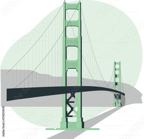 Golden Gate Bridge Suspension Bridge Over Water with Mountains and Clouds Illustration Keywords: Golden Gate Bridge, suspension bridge, San Francisco, landmark, architecture, engineering