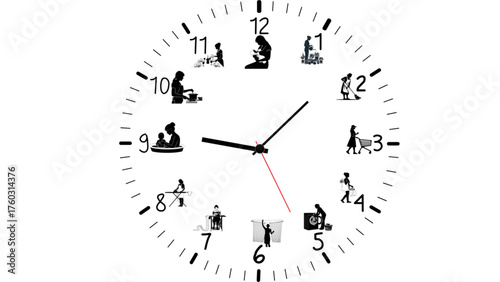 Daily Routine Time Management Clock Graphic: Vector Silhouettes of Woman Performing Household Chores, Scheduling Tasks from Morning to Night Concept