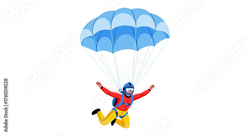 Exciting aerial adventure with a person skydiving with a blue parachute against a white background, extreme sports fun