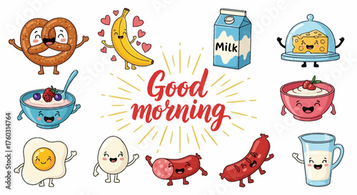 Cute breakfast characters with 'Good Morning' text, perfect for greeting the day with a smile