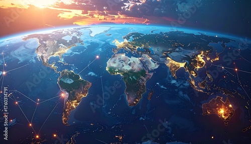 A vibrant, detailed Earth view from space at dawn or dusk. City lights glow across continents, highlighting global interconnectedness with illuminated lines