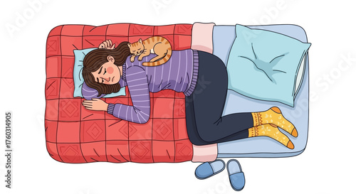 A comfortable scene of a woman sleeping peacefully in bed with a beloved cat resting on her back