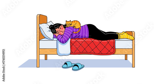 A serene and cozy scene featuring a woman peacefully resting in her bed, with her loyal orange cat snuggled comfortably on her back, highlighting warmth and pet companionship