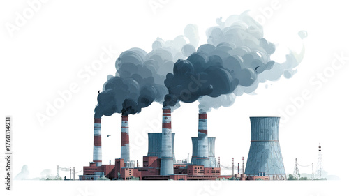 Nuclear power station with steam from a cooling tower against the sky, generating clean energy instead of smoke pollution
