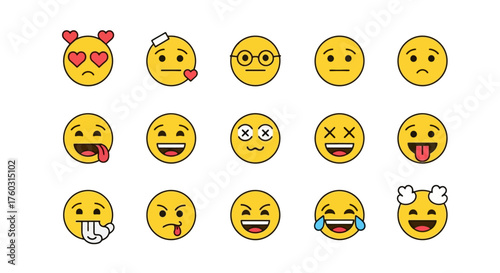 Diverse Set of Emoji Icons Displaying Various Emotions and Facial Expressions in Flat Design