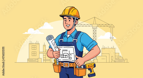 Professional Male Contractor Holding Blueprints with a Confident Smile, Dressed in Workwear on a Bustling Construction Site Background - Vector Illustration for Industry and Development Projects