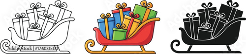 Three Santa sleigh illustrations with gifts in outline and solid designs