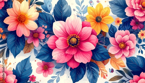 A vibrant, detailed floral arrangement with bright pink, yellow, and coral blooms, surrounded by deep blue leaves