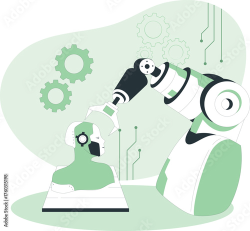 Robotic arm assembling a robot head with gears and circuits in the background robotics artificial intelligence