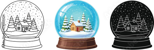 Snow globe illustrations featuring winter village scenes