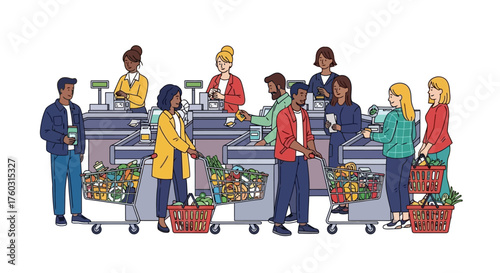 Diverse customers efficiently check out at a bustling grocery store, filling their carts with essential items and daily provisions during a busy retail transaction scene