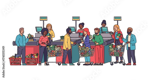 Busy Checkout Line at a Grocery Store with Diverse Shoppers