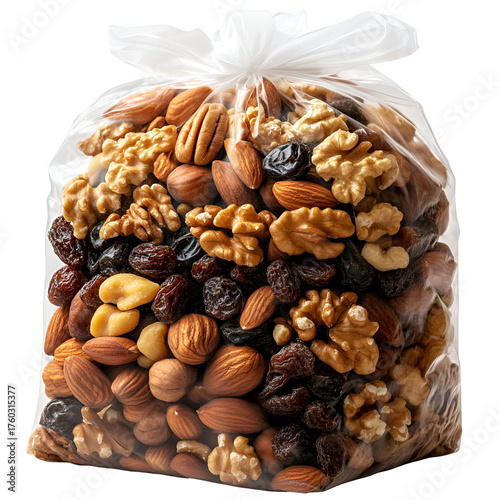 Assorted nuts and dried fruits in transparent bag