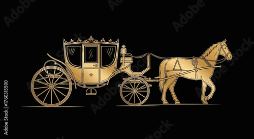 Golden Horse-Drawn Carriage Silhouette Elegant Transportation Illustration on Black Background