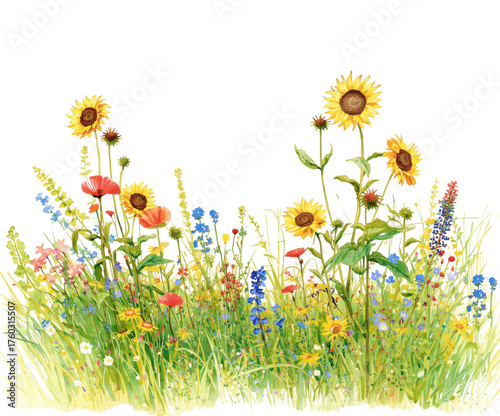 Watercolor Meadow, Sunflowers and wildflowers in full bloom, hand painted botanical illustration