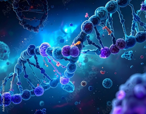 A vibrant, detailed illustration of a double helix DNA strand against a blue and purple gradient background, surrounded by spherical cellular elements