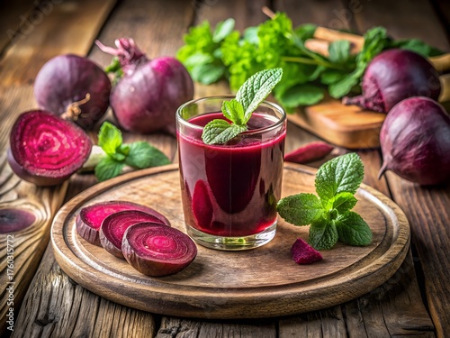 Freshly squeezed beetroot juice in a glass with whole and sliced beets on a rustic wooden table