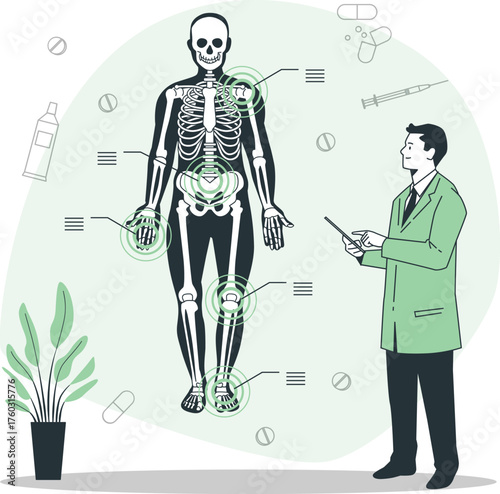 Doctor explaining human skeleton and joints to patient human body anatomy
