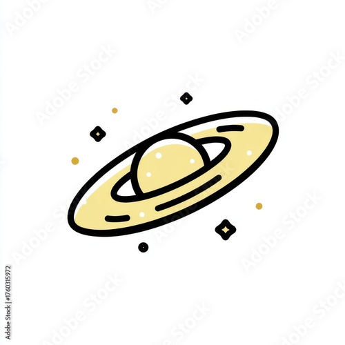 Yellow Cartoon Planet with Rings and Stars on White Background