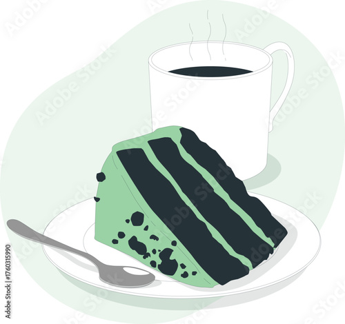 Slice of dark chocolate cake with mint frosting and coffee dessert
