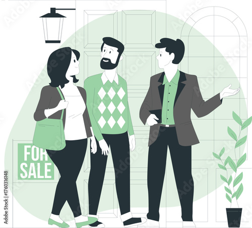 Couple looking at house for sale with real estate agent vector illustration