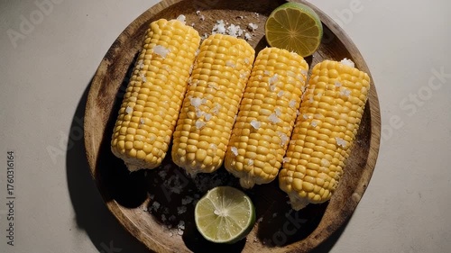 Freshly cooked corn on the cob with lime and salt.
