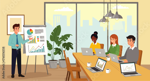 Vector flat illustration of a business meeting with a presenter explaining data on a whiteboard to colleagues. The setting is a modern office environment, emphasizing teamwork and collaboration.