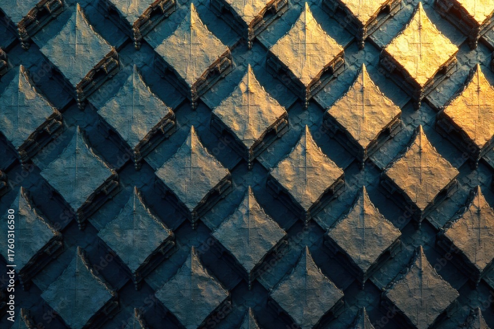 Fototapeta premium Abstract Interpretation of Asian Policing Geometric patterns and textures An abstract digital artwork featuring interlocking geometric shapes inspired by traditional East Asian architectural patterns.