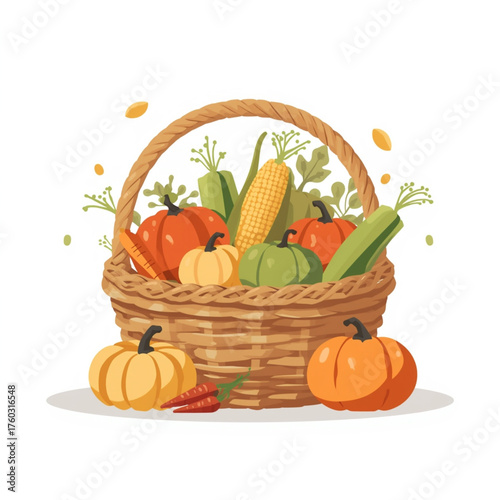 Autumn Basket Full of Pumpkins, Corn, and Garden Vegetables with Festive Decoration