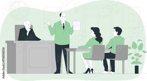 Courtroom scene illustration with a judge, lawyer, and two clients at a table, with a scales of justice symbol