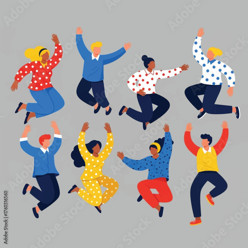 Group of people jumping with joy, celebrating success and happiness together