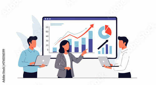 Flat vector illustration of a business presentation with a team discussing growth charts and data. Demonstrating teamwork and business strategy.