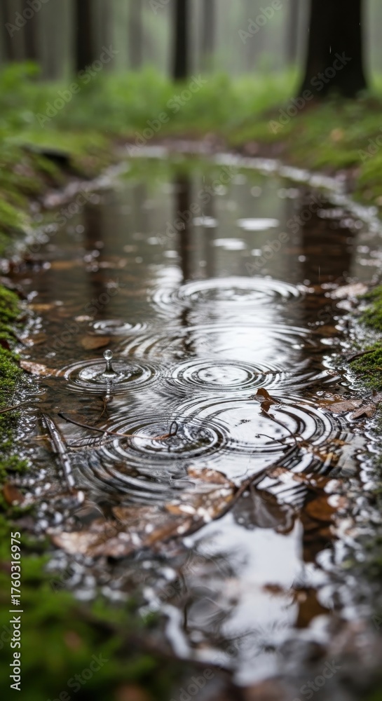 Fototapeta premium Raindrops dance on forest pool, casting reflections and ripple patterns