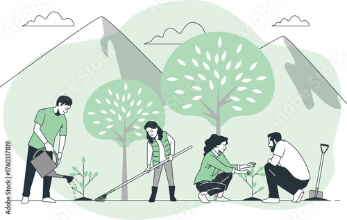 People planting trees in a park with mountains and trees in the background Keywords: planting, trees, gardening, nature, park, outdoors, environment, ecology, conservation, sustainability, growth