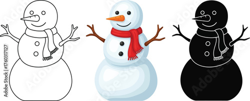 Three snowman illustrations in varied styles