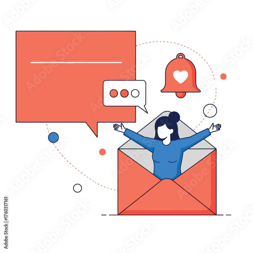 Woman in envelope with notification isolated on white background