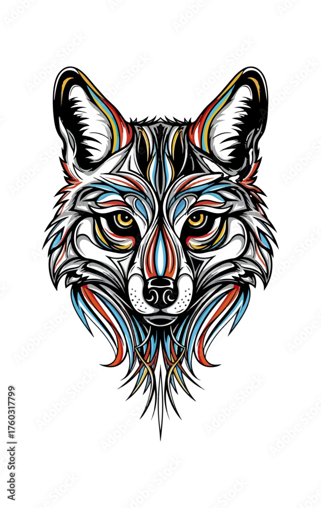 Fototapeta premium Colorful stylized wolf head illustration on black background