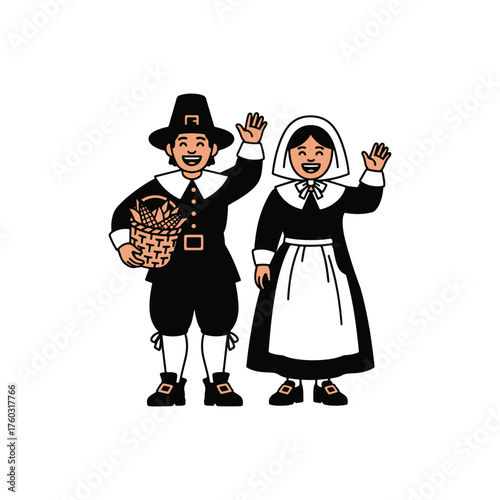 Cute Pilgrim Friends Holding Corn Baskets Thanksgiving Celebration Vector