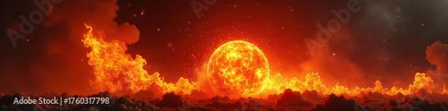 Fiery Orange Fireball Explosion Intense Heat, Swirling Smoke, and Embers