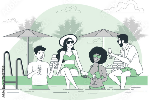 Group of friends enjoying drinks by a swimming pool with palm trees and umbrellas Keywords: friends, group, people, men, women, swimming pool, water, vacation, holiday, leisure, recreation