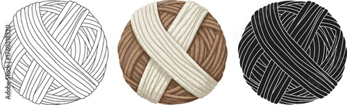 Three yarn balls in beige, white, and black colors