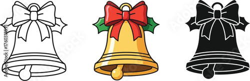 Three Christmas bell icons decorated with bows and holly