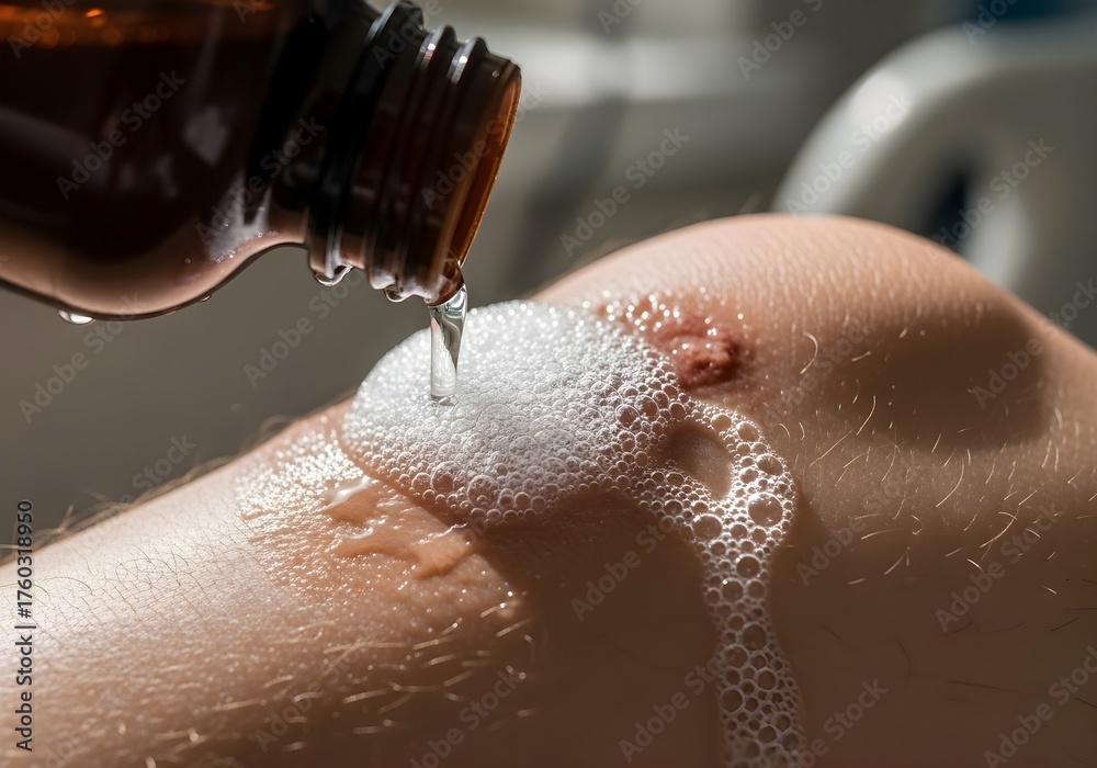 Fototapeta premium Close-up photo showing hydrogen peroxide being poured on a knee wound, creating foam during disinfection, symbolizing medical hygiene, first aid, and wound cleaning process.